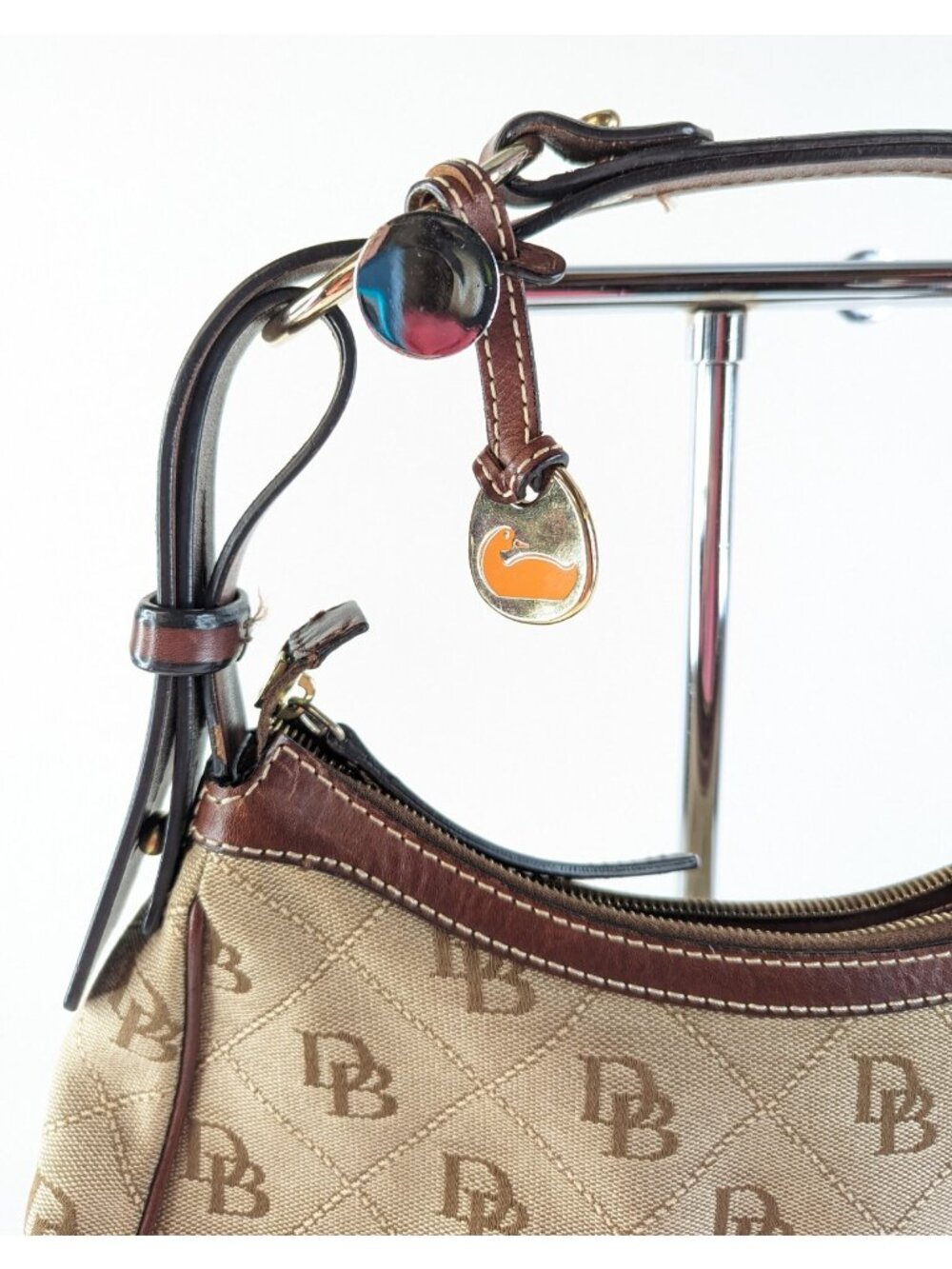 Dooney Bourke Monogram Hobo Purse Tan Brown Canvas Brass Shoulder Bag - Picture 2 of 13